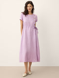 100% Linen Drawstring Waist Button Detail Midi Dress SENNA