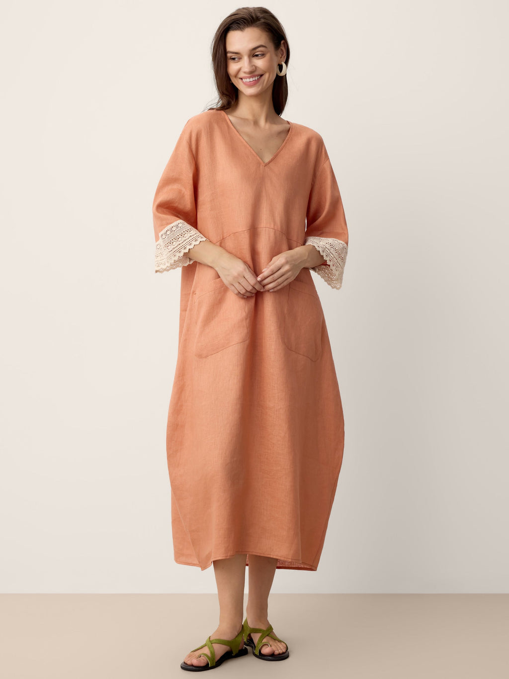 100% Linen Lace-Cuff Cocoon Midi Dress PETRA