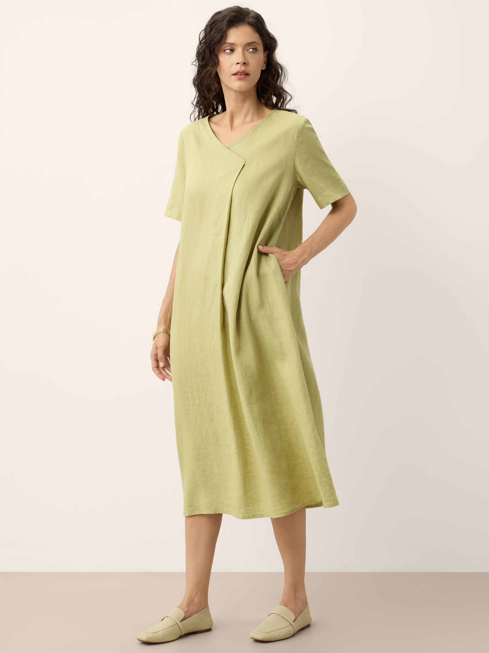 100% Linen Surplice Neck A Line Midi Dress JUDITH