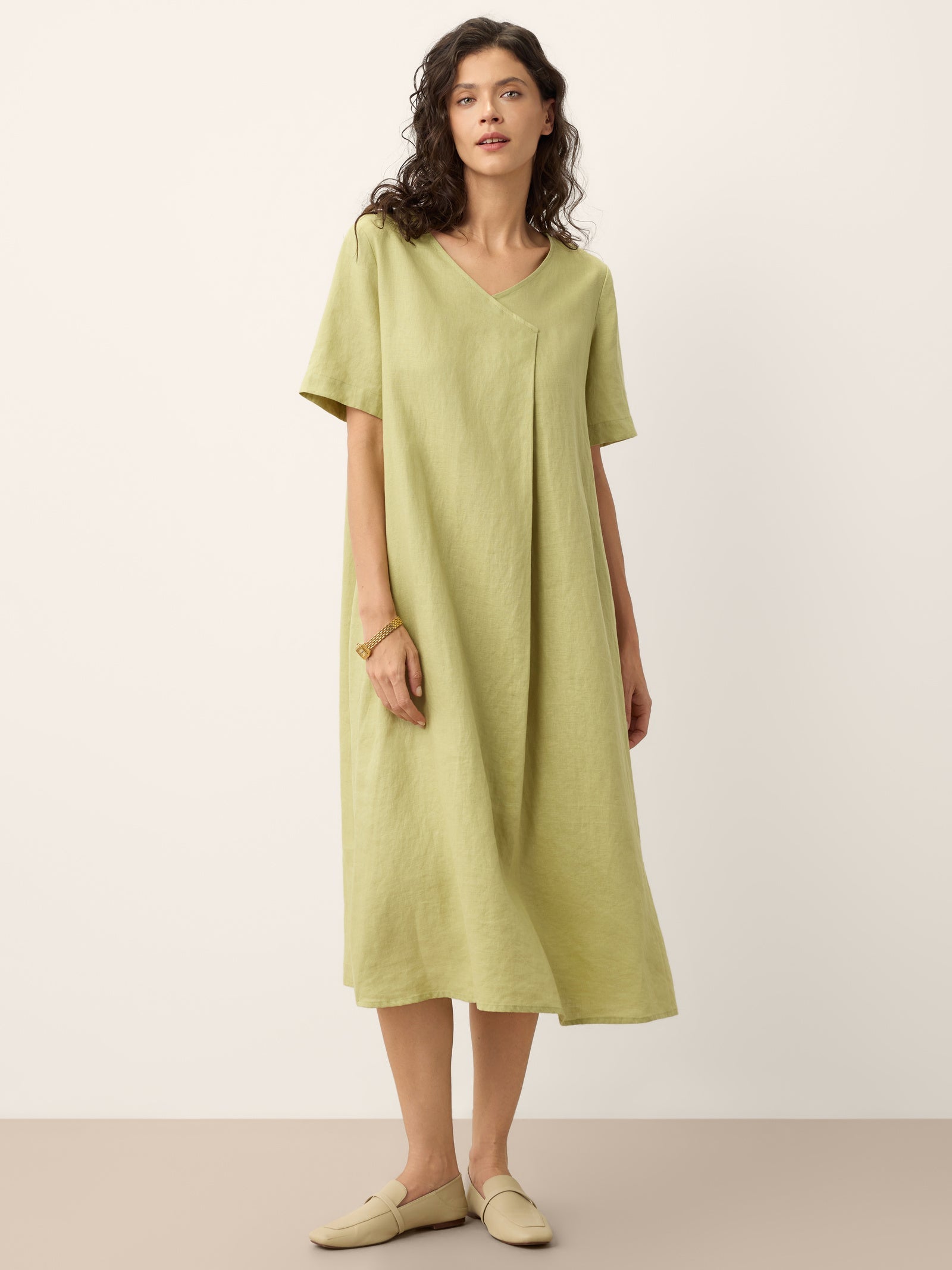 100% Linen Surplice Neck A Line Midi Dress JUDITH