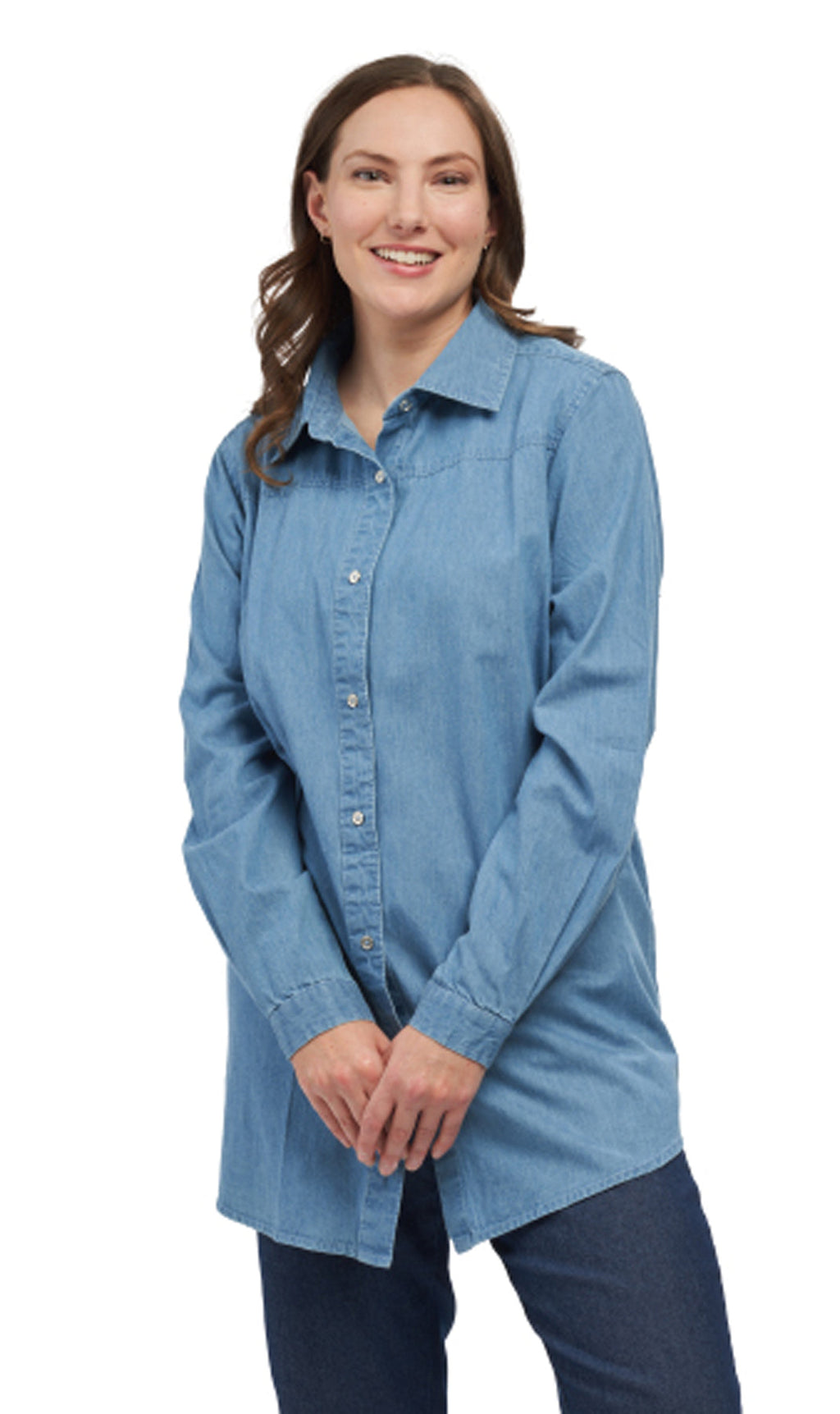 Women's Long Sleeve Denim Tunic Top — Button Front All Season Wear